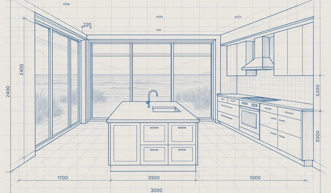 Kitchen design Kapiti Coast blueprint showing architectural planning for coastal and character home renovations