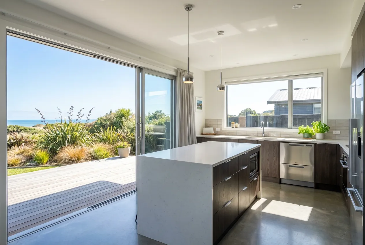 Modern laminate kitchen benchtop installation showing stone-look finish for budget renovation