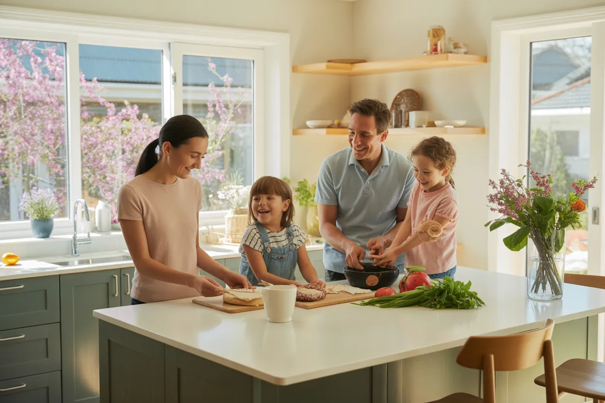 Family entertaining in spring after completing winter kitchen renovation Wellington
