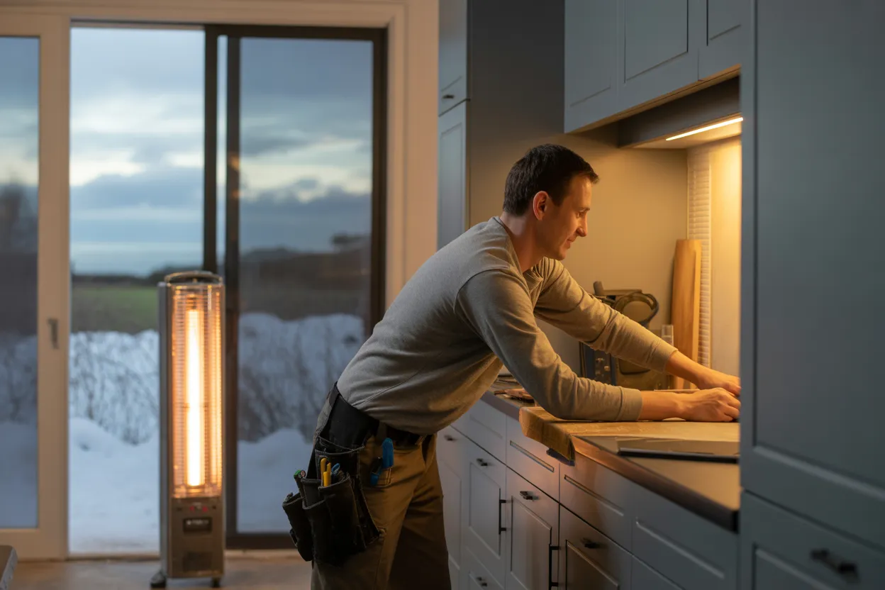 Professional kitchen installer working comfortably in heated Wellington home during winter renovation